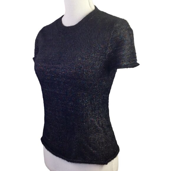 Zara Knit Metallic Thread Women's Sweater Size S Black Short Sleeve Rolled Hems - Picture 4 of 8